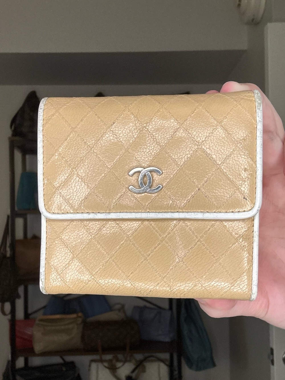 CHANEL Beige Quilted Leather CC Compact Wallet with White Trim | QUICK LIST